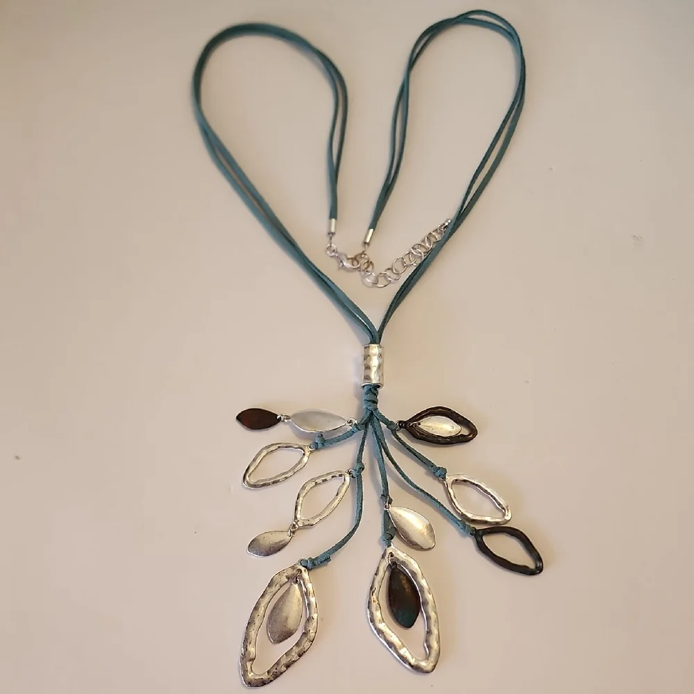 Teal Leather Cord Necklace Silver & Copper Colored Leaf Pendants Lobster Clasp